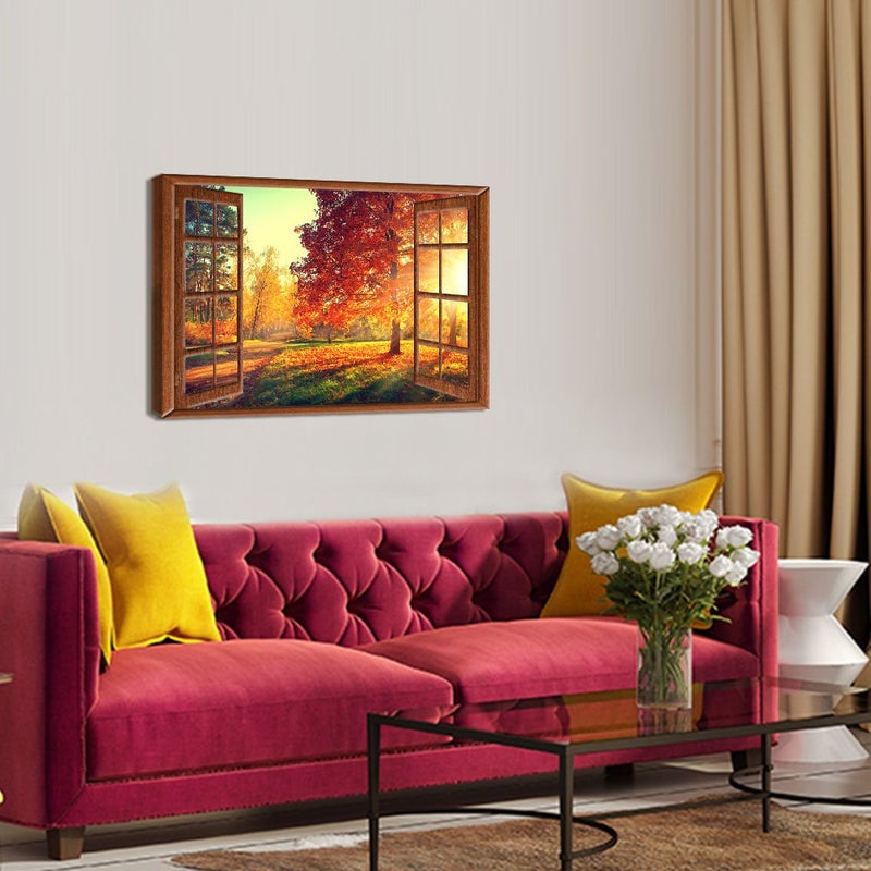 LevvArts Canvas Prints Wall Art,View from Vintage Window of Autumn Scene,Fall Forest Trees in Sun Light Painting Modern Wall Decor,Framed Ready to Hang,-24 x 36 - Image 3